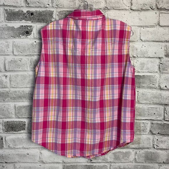 Ely Vintage Pearl Snap Plaid Sleeveless Button Down Western Shirt - Picture 5 of 6